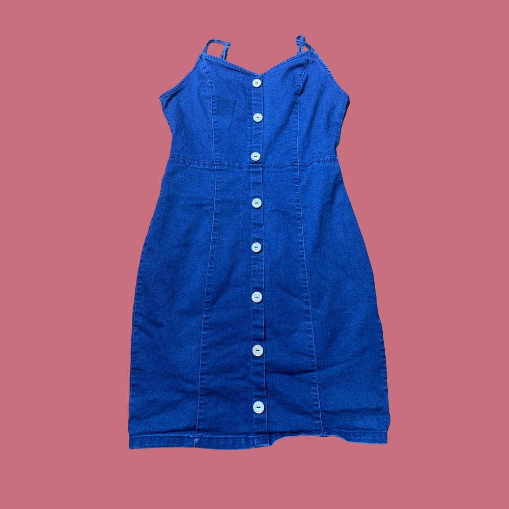 Simple blue denim spaghetti strap dress with false buttons